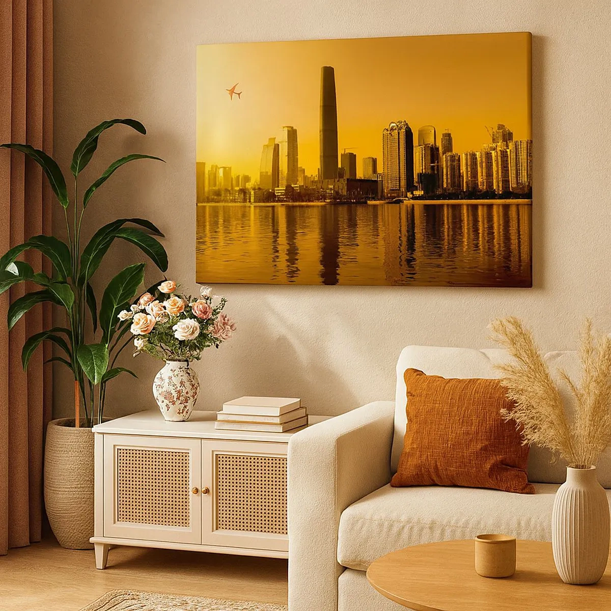 Schilderen op canvas - Stadspanorama bij zonsondergang met wolkenkrabbers en een vliegtuig - 70x50cm - De gouden stad - Moderne wanddecoratie voor woonkamer en slaapkamer ARTTOR