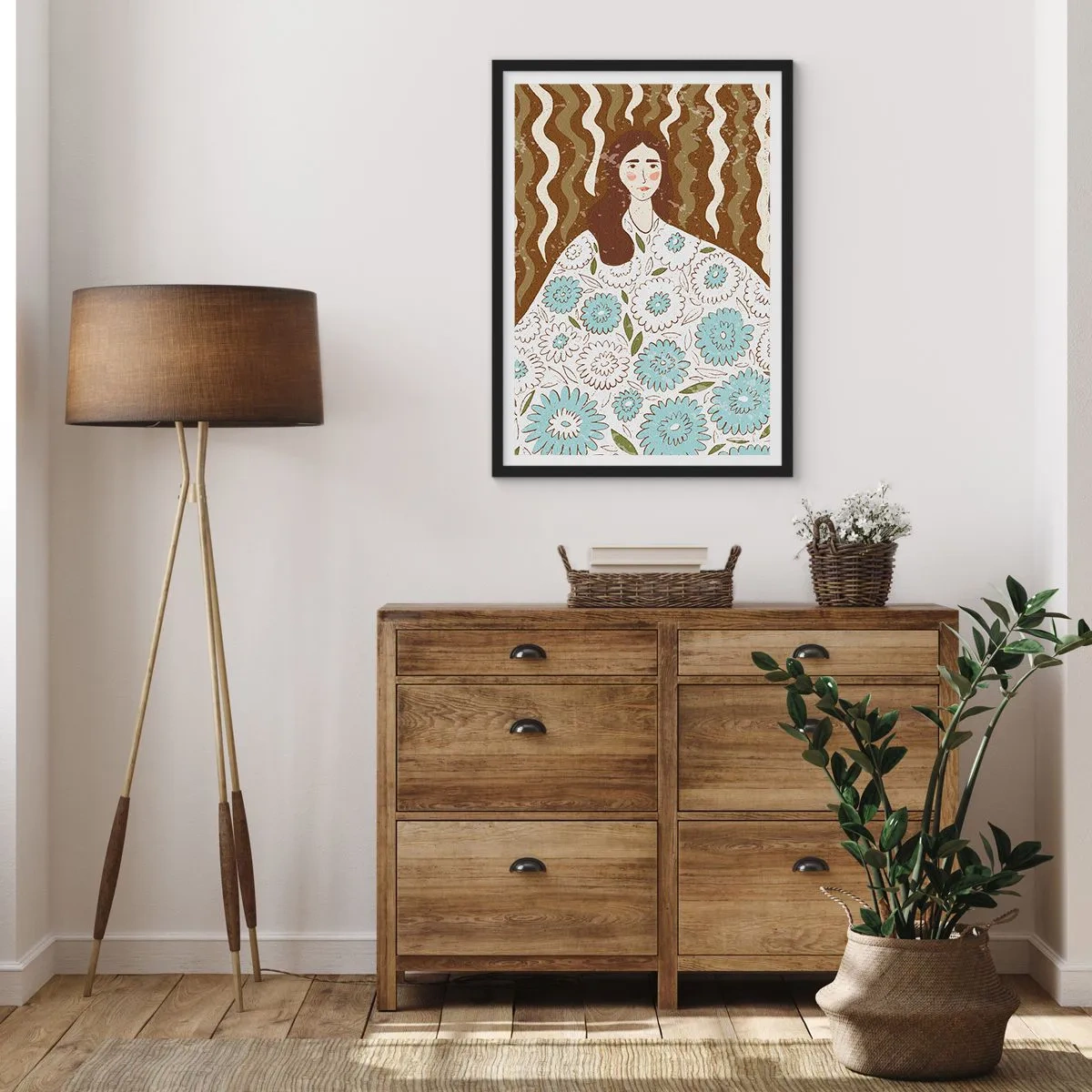 Poster in een zwarte lijst - Gestileerd portret van een vrouw in een bloemenjurk tegen een achtergrond van golvende patronen. - 50x70cm - Portret in een bloemengewaad - Moderne wanddecoratie voor woonkamer en slaapkamer ARTTOR