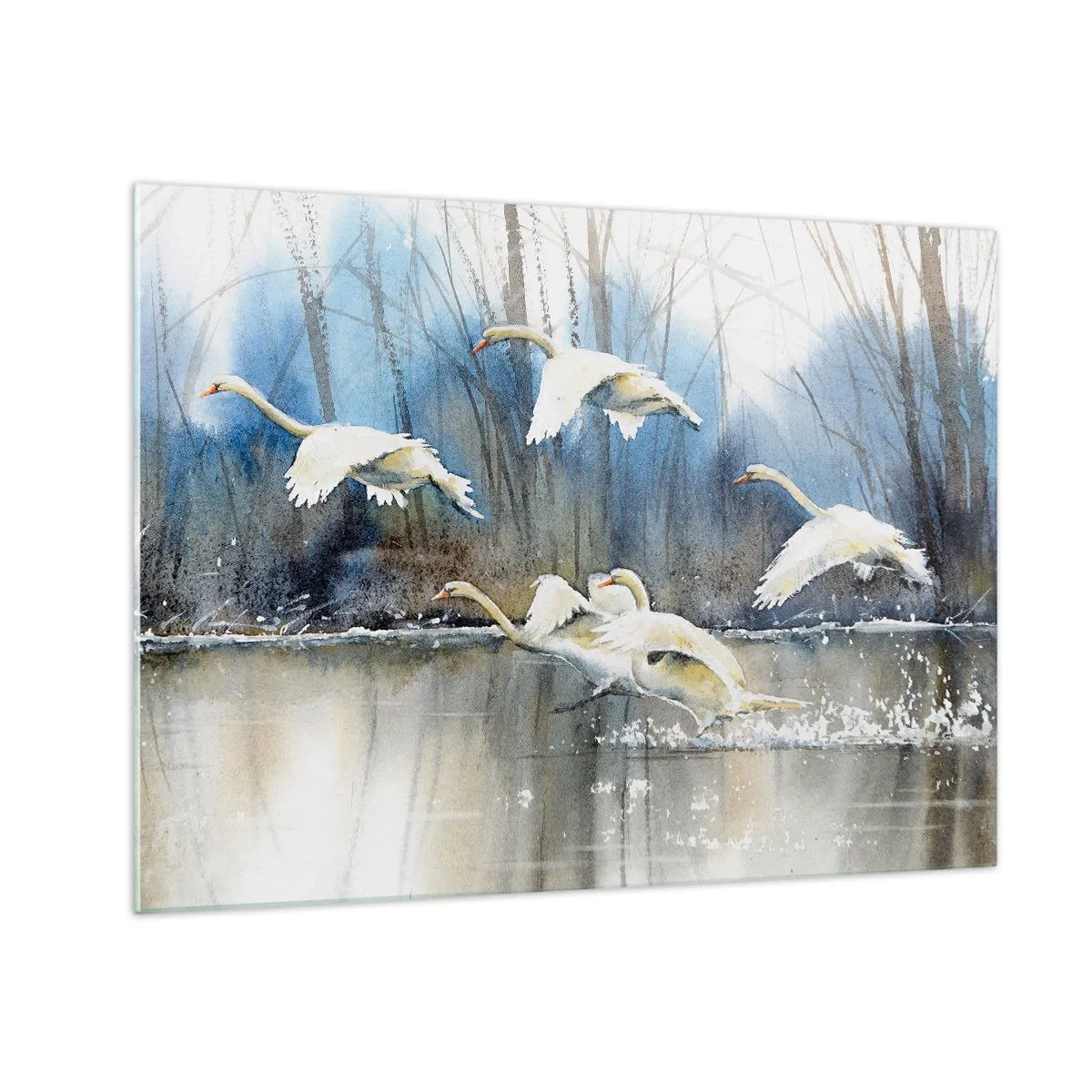 Schilderen op glas - Wilde zwanen vliegen over een vredig bosmeer - 70x50cm - Zoals in het sprookje over wilde zwanen - Moderne wanddecoratie voor woonkamer en slaapkamer ARTTOR