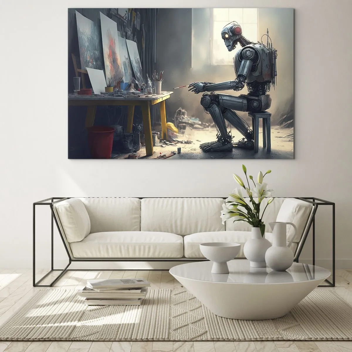 Schilderen op glas - Een robot schildert schilderijen in een kunststudio - 70x50cm - De scheppingsdaad - Moderne wanddecoratie voor woonkamer en slaapkamer ARTTOR