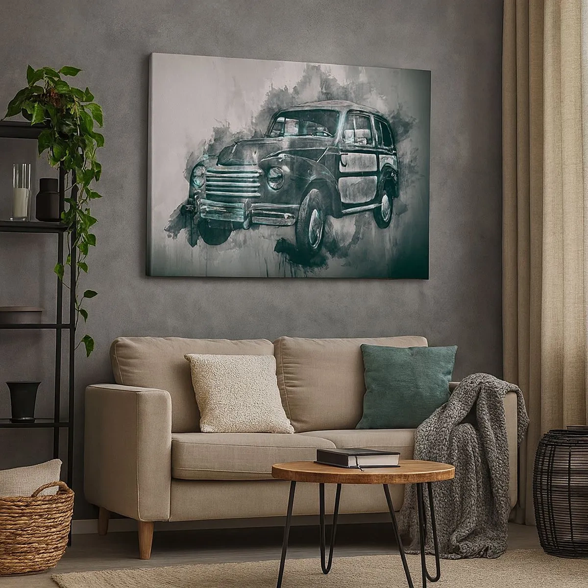 Schilderen op canvas - Een klassieke retro-auto met een artistieke achtergrond - 70x50cm - Geëerde voorouder - Moderne wanddecoratie voor woonkamer en slaapkamer ARTTOR