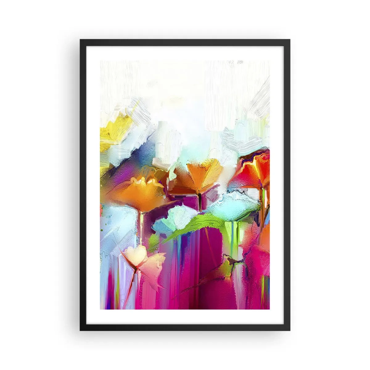 Poster in een zwarte lijst - Abstracte bloemen in intense kleuren op een witte achtergrond - 50x70cm - De regenboog is tot bloei gekomen - Moderne wanddecoratie voor woonkamer en slaapkamer ARTTOR