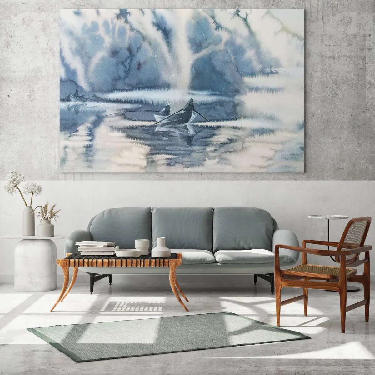 Schilderen op glas - Twee vissers op een boot, omringd door een mistig landschap - 70x50cm - Vissers in hun paradijs - Moderne wanddecoratie voor woonkamer en slaapkamer ARTTOR