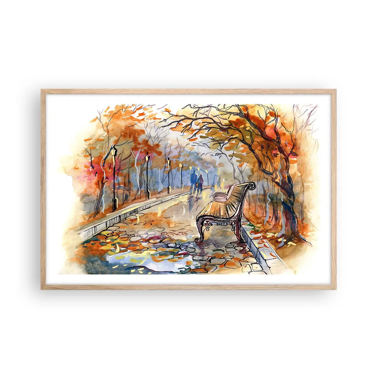 Een poster in een licht eiken lijst - Samen wandelen in de herfst - 91x61 cm