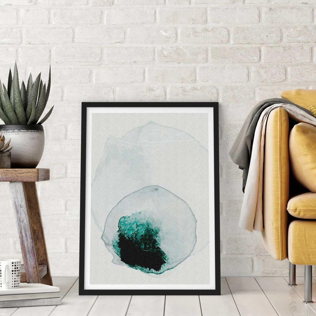 Poster in een zwarte lijst - Abstracte organische vorm in tinten groen - 50x70cm - In een druppel water - Moderne wanddecoratie voor woonkamer en slaapkamer ARTTOR