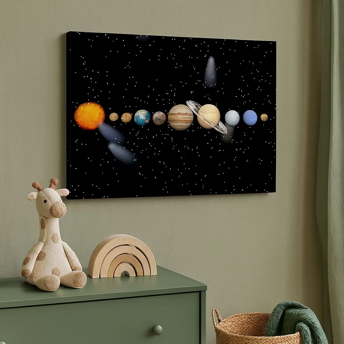 Schilderen op canvas - Het zonnestelsel met planeten tegen de achtergrond van sterren in de ruimte - 70x50cm - En de planeten razen, razen...  - Moderne wanddecoratie voor woonkamer en slaapkamer ARTTOR