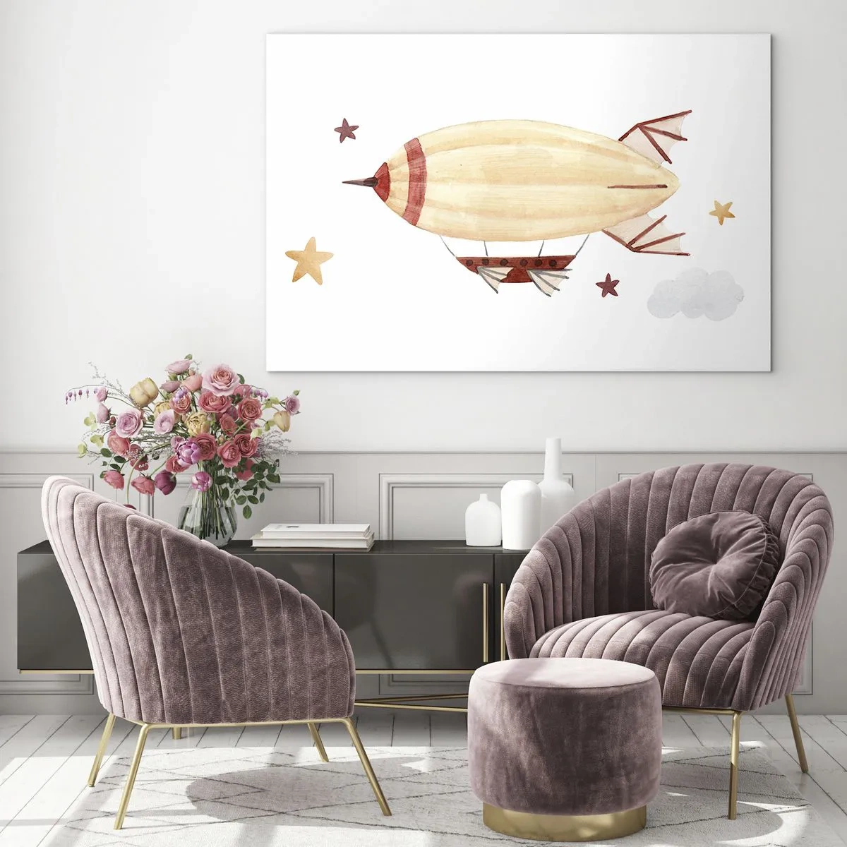 Schilderen op glas - Een cartoon luchtschip tussen de sterren op een witte achtergrond - 70x50cm - Luchtschip - Moderne wanddecoratie voor woonkamer en slaapkamer ARTTOR