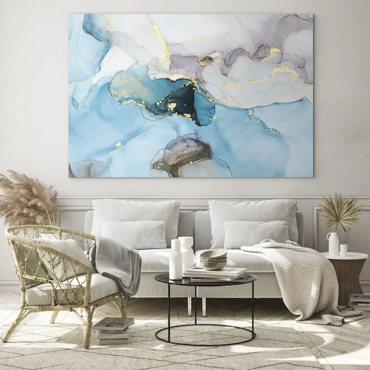 Schilderen op glas - Turquoise en grijze golven met gouden accenten - 70x50cm - Een studie van de ontmoeting van grijs en turkoois - Moderne wanddecoratie voor woonkamer en slaapkamer ARTTOR
