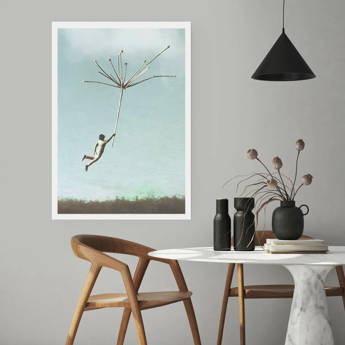 Poster - Vliegers, paardebloemen, wind - 30x40 cm