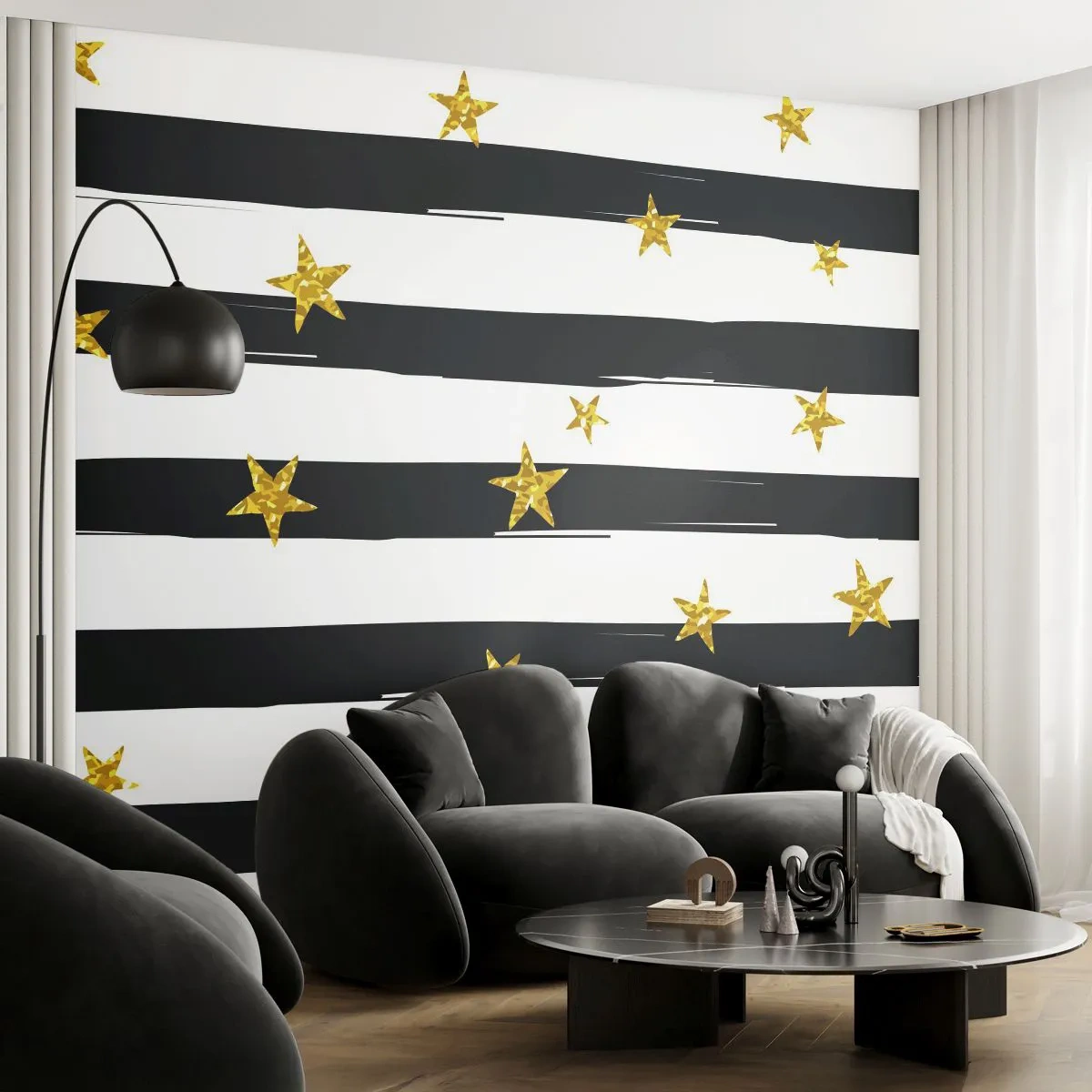 Fotobehang Premium Canvas - We zijn allemaal geboren onder een gelukkige ster - Grafisch, Gouden Ster, Zwart-witte strepen - 250x175 cm