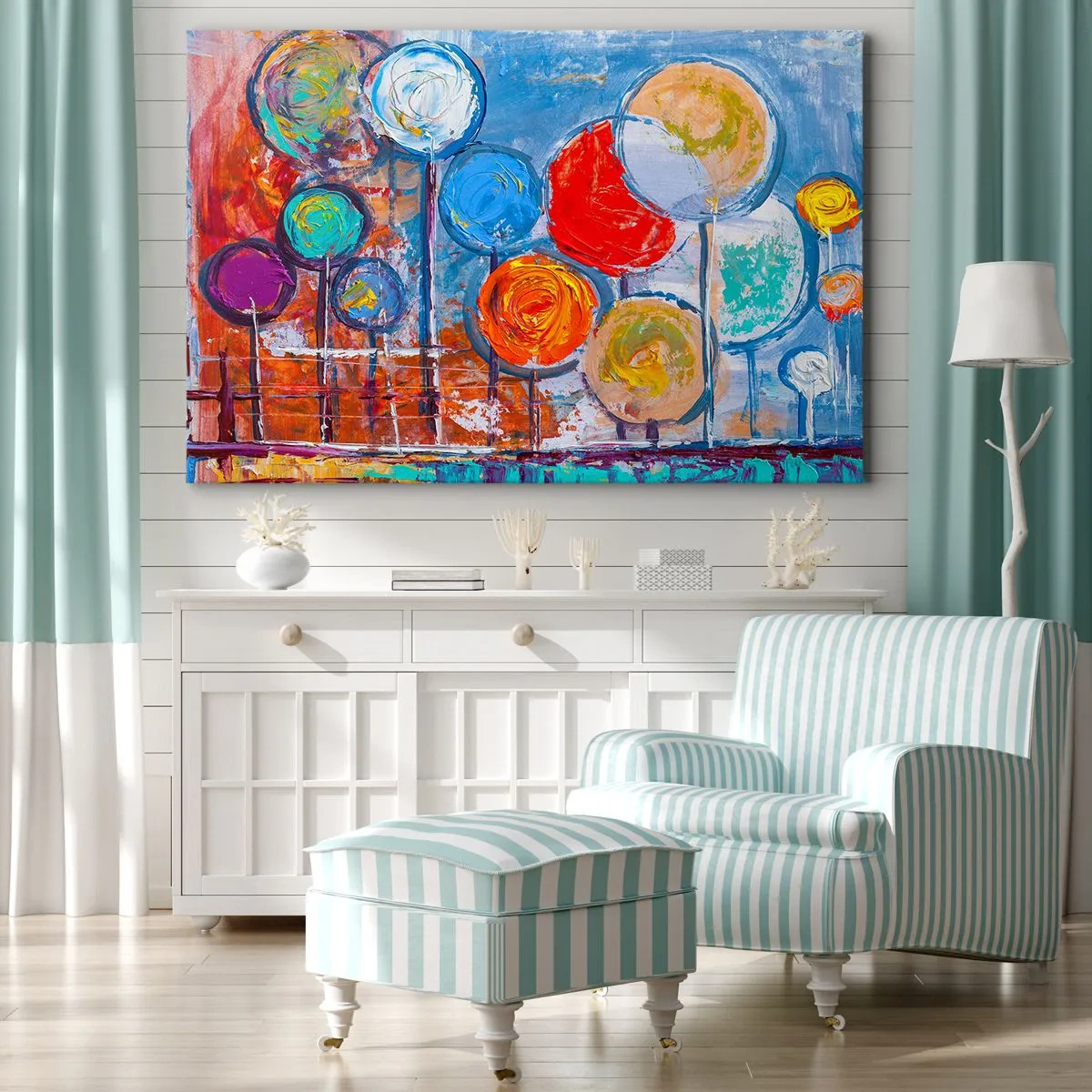 Schilderen op canvas - Kleurrijke abstracte bomen op een blauwe achtergrond - 70x50cm - Wonderen op de stok - Moderne wanddecoratie voor woonkamer en slaapkamer ARTTOR