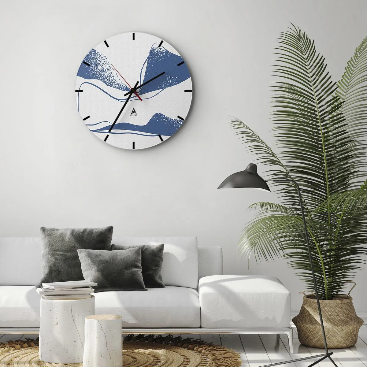 Wandklok - Klok - Grafische abstractie met blauwe vleugels op een witte achtergrond - 30x30cm - Gevleugelde abstractie - Moderne wanddecoratie voor woonkamer, keuken en slaapkamer ARTTOR