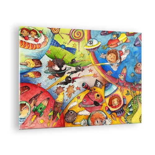 Schilderen op glas - Een kleurrijke illustratie van een ruimteavontuur voor kinderen - 70x50cm - Geweldig ruimteavontuur - Moderne wanddecoratie voor woonkamer en slaapkamer ARTTOR