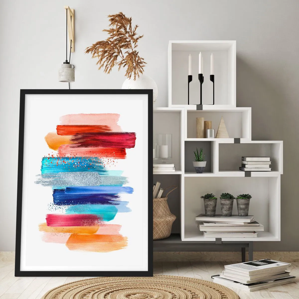 Poster in een zwarte lijst - Kleurrijke abstracte penseelstreken op een witte achtergrond - 50x70cm - Omhoog en omlaag - Moderne wanddecoratie voor woonkamer en slaapkamer ARTTOR