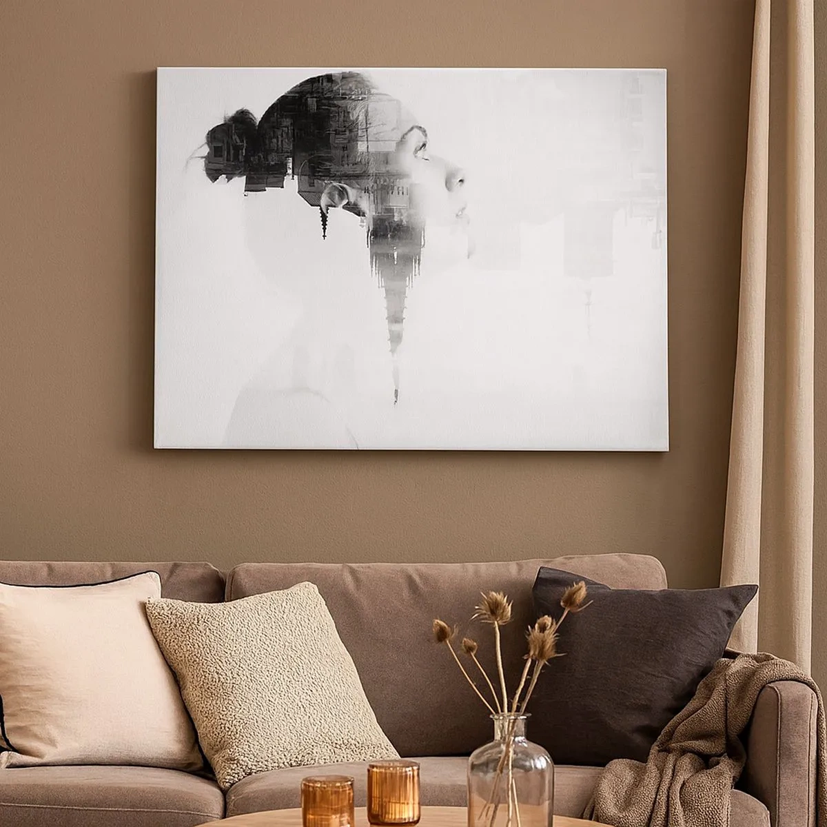 Schilderen op canvas - Portret van een vrouw met de contouren van een stad op de achtergrond, zwart-witte kleuren - 70x50cm - Aan beide zijden van het glas - Moderne wanddecoratie voor woonkamer en slaapkamer ARTTOR