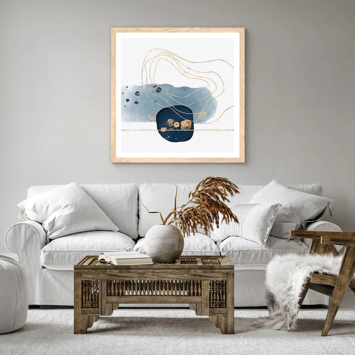 Een poster in een licht eiken lijst - Blauw en goud fantasie - 30x30 cm