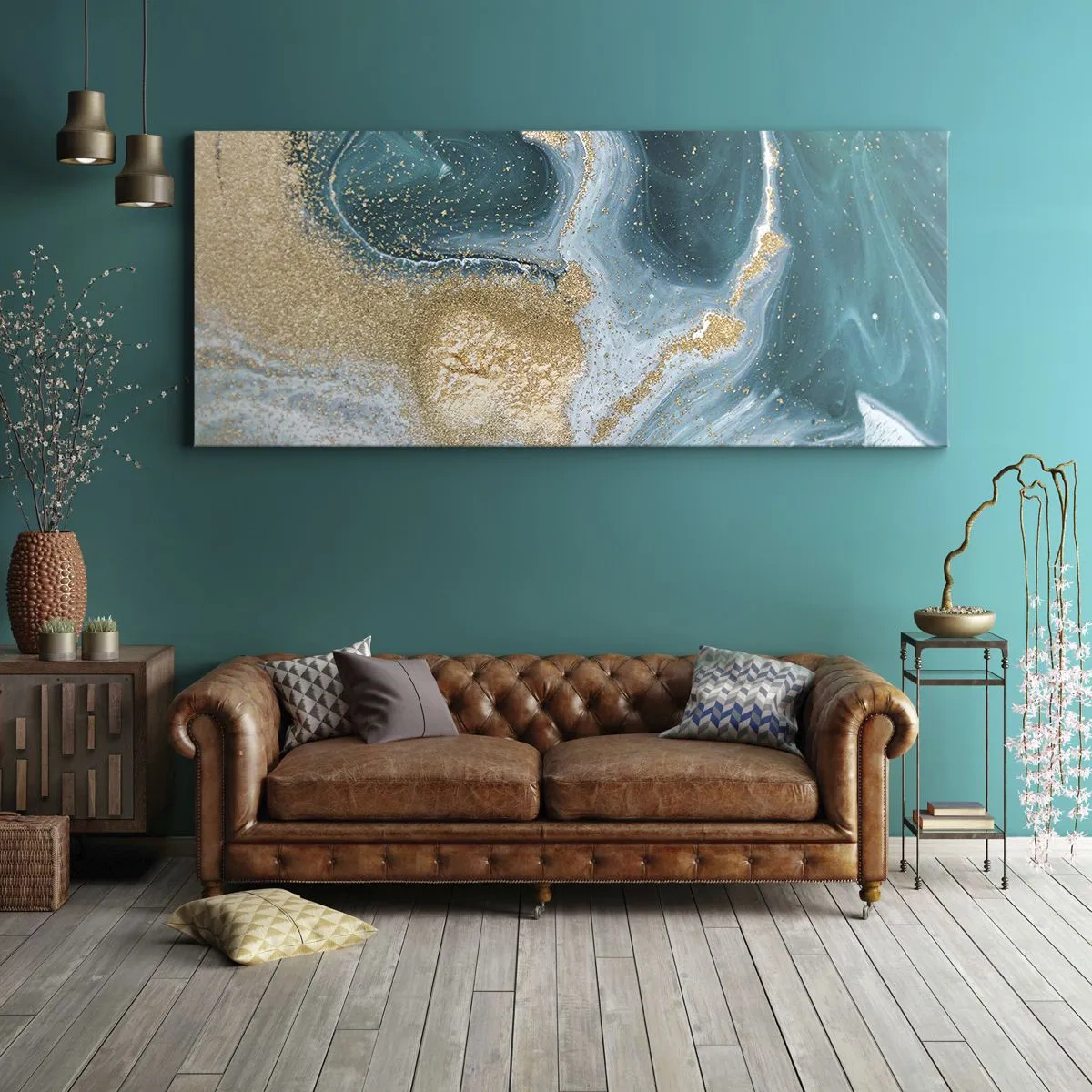 Schilderen op canvas - Een werveling van goud en turkoois - 160x50 cm