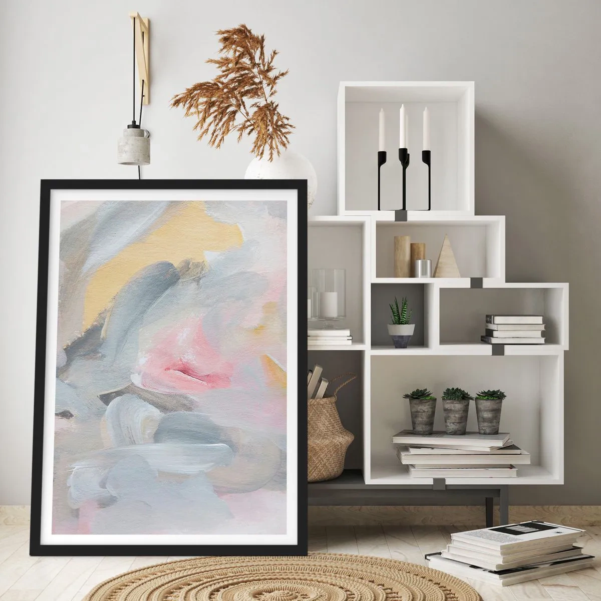 Poster in een zwarte lijst - Abstracte compositie in pastelkleuren - 50x70cm - In een pastelkleurige wereld - Moderne wanddecoratie voor woonkamer en slaapkamer ARTTOR