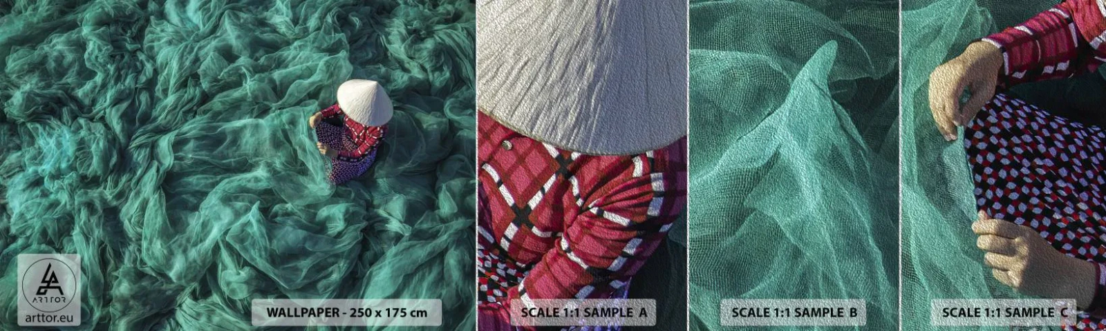 Fotobehang Monster Premium Sand - In een zee van netten - Visnet, Vrouw, Vietnam - 100x30 cm