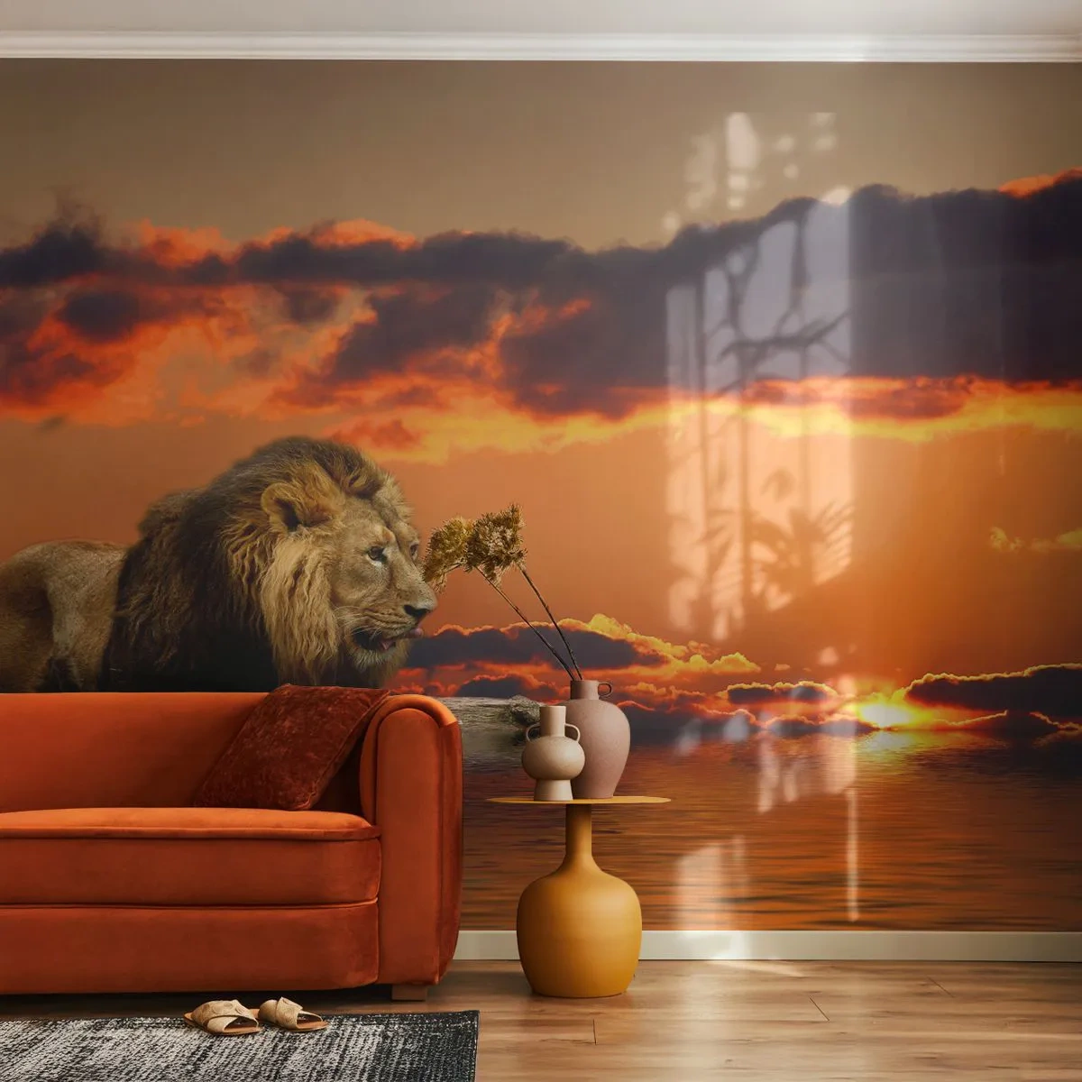 Zelfklevend Fotobehang Deluxe Sticker - Koning van de natuur - Leeuw, Zonsondergang, Dieren - 250x175 cm
