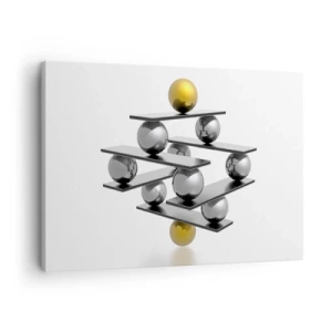 Schilderen op canvas - Geometrische compositie met metalen ballen en een gouden accent - 70x50cm - Goud-zilver balans - Moderne wanddecoratie voor woonkamer en slaapkamer ARTTOR