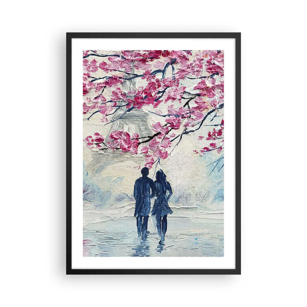 Poster in een zwarte lijst - Een paar onder bloeiende takken in een romantisch landschap - 50x70cm - Een romantische wandeling - Moderne wanddecoratie voor woonkamer en slaapkamer ARTTOR