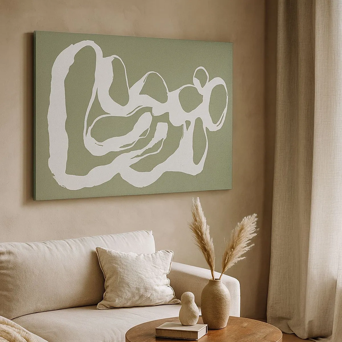 Schilderen op canvas - Organische vormen in het wit op een groene achtergrond - 70x50cm - De roep van de ruimte - Moderne wanddecoratie voor woonkamer en slaapkamer ARTTOR