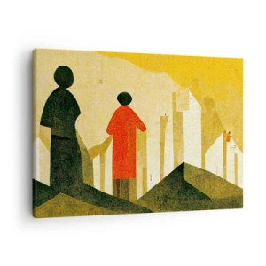 Schilderen op canvas - Geometrische silhouetten in rood en groen op een gele achtergrond - 70x50cm - Er is nog een lange weg te gaan - Moderne wanddecoratie voor woonkamer en slaapkamer ARTTOR