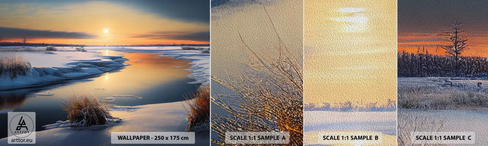 Fotobehang Monster Premium Sand - Winterse zonsondergang - Winter, Rivier, Landschap - 100x30 cm