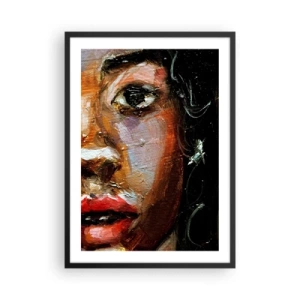 Poster in een zwarte lijst - Een abstract portret van een vrouw in felle kleuren met een expressieve blik. - 50x70cm - Zwart en gloed - Moderne wanddecoratie voor woonkamer en slaapkamer ARTTOR