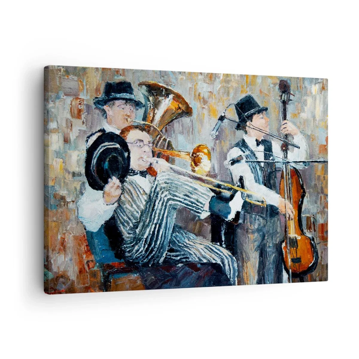 Schilderen op canvas - Jazzmuzikanten in schilderachtige stijl tijdens een concert - 70x50cm - Al die jazz - Moderne wanddecoratie voor woonkamer en slaapkamer ARTTOR