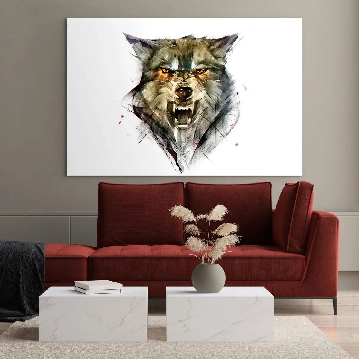 Schilderen op glas - Een afbeelding van een dreigende wolf met een open bek en een intense blik - 70x50cm - Blijf staan! - Moderne wanddecoratie voor woonkamer en slaapkamer ARTTOR
