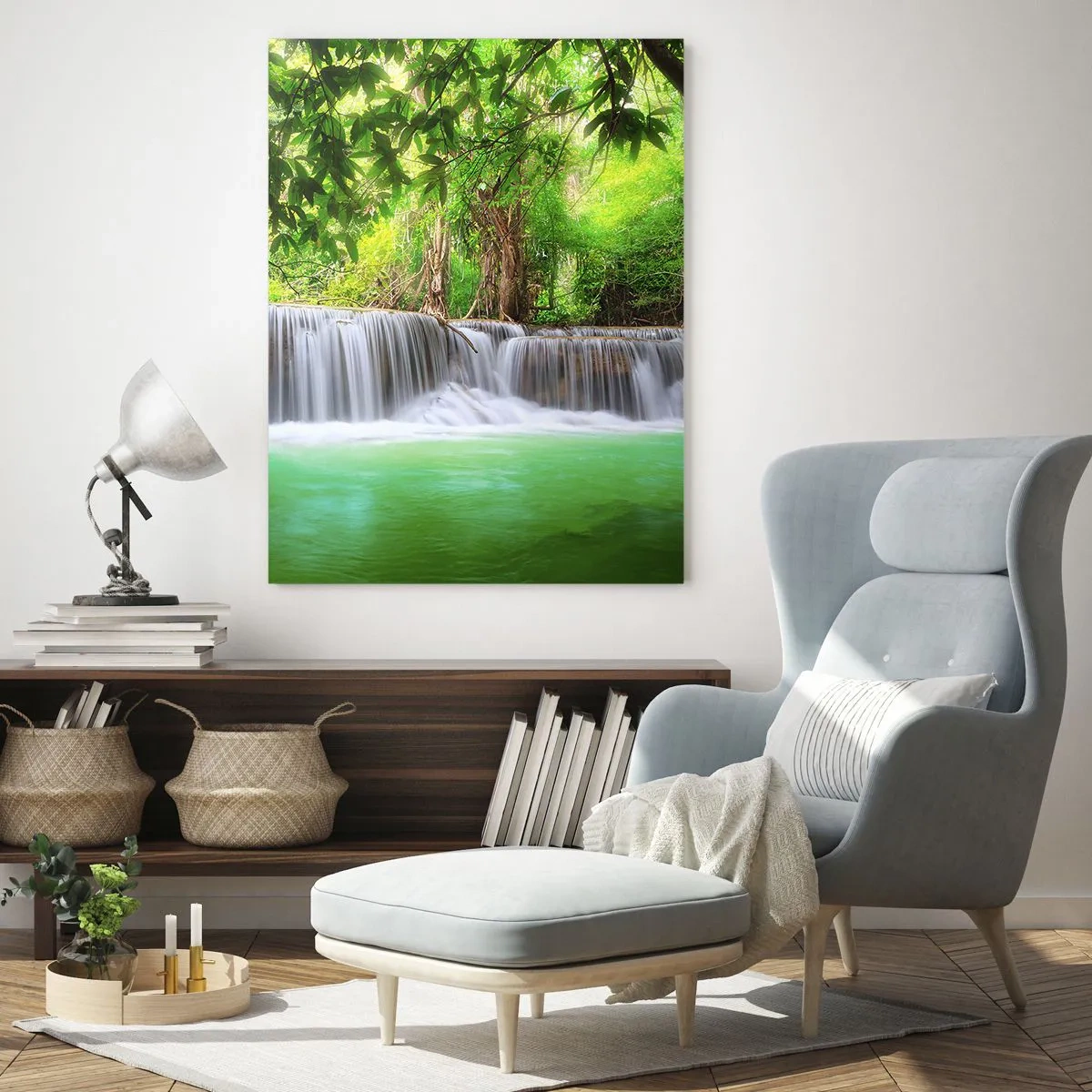 Schilderen op glas - Een waterval in het groen - 80x120 cm