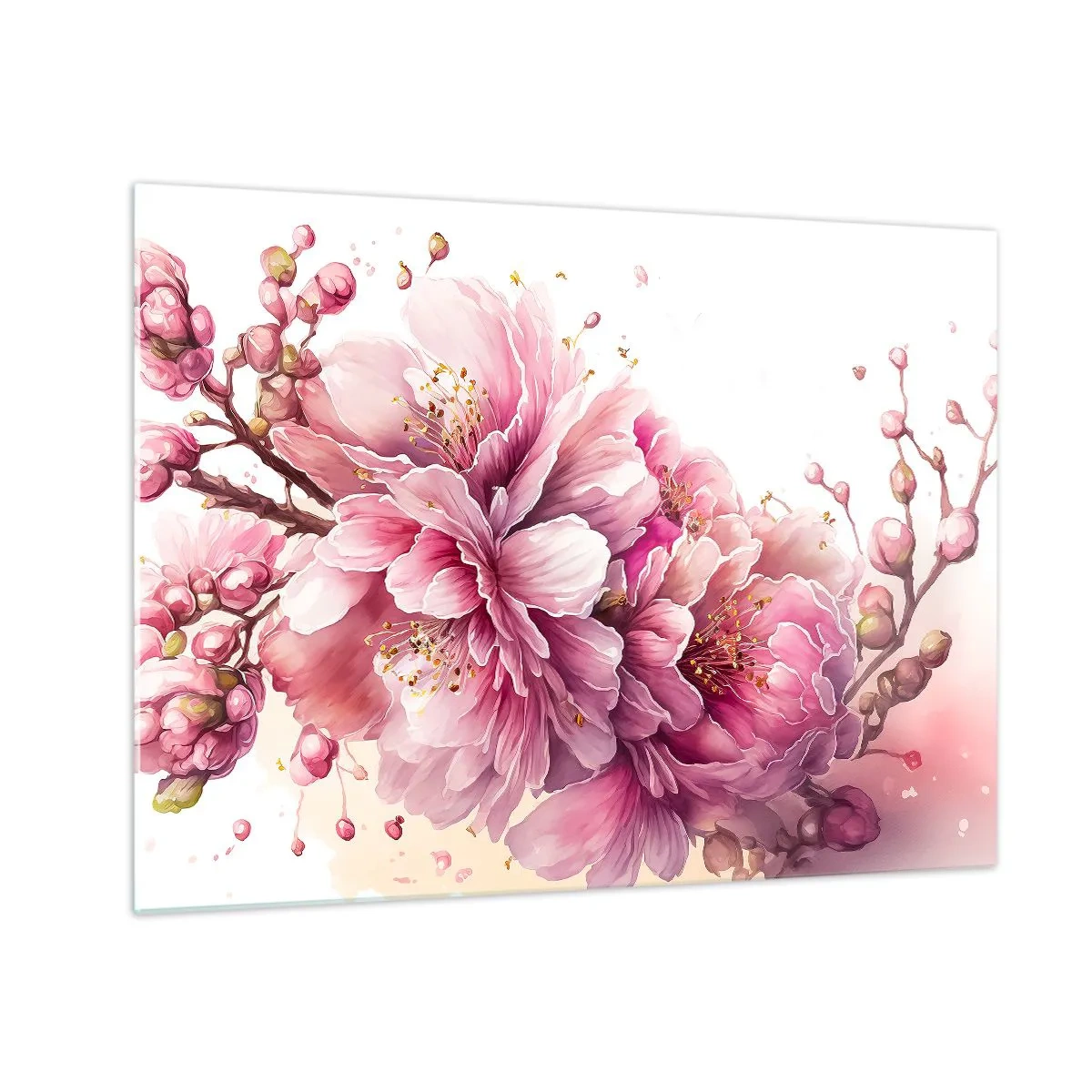 Schilderen op glas - Roze kersenbloesems in volle bloei tegen een lichte achtergrond - 70x50cm - Kersenbloesem - Moderne wanddecoratie voor woonkamer en slaapkamer ARTTOR