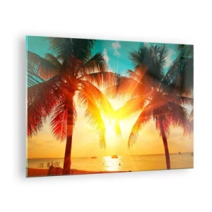 Schilderen op glas - Zonovergoten palmbomen boven een tropisch strand - 70x50cm - Exotisch koppel - Moderne wanddecoratie voor woonkamer en slaapkamer ARTTOR