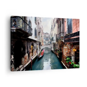 Schilderen op canvas - Een kanaal in Venetië met een gondel en historische gebouwen - 70x50cm - Venetiaans landschap met een gondel en een brug - Moderne wanddecoratie voor woonkamer en slaapkamer ARTTOR