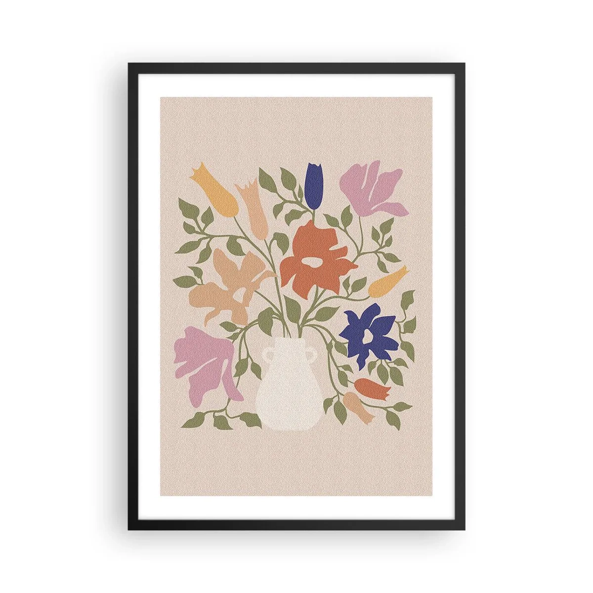 Poster in een zwarte lijst - Een kleurrijk boeket bloemen in een lichte vaas op een beige achtergrond - 50x70cm - Fijn boeket - Moderne wanddecoratie voor woonkamer en slaapkamer ARTTOR