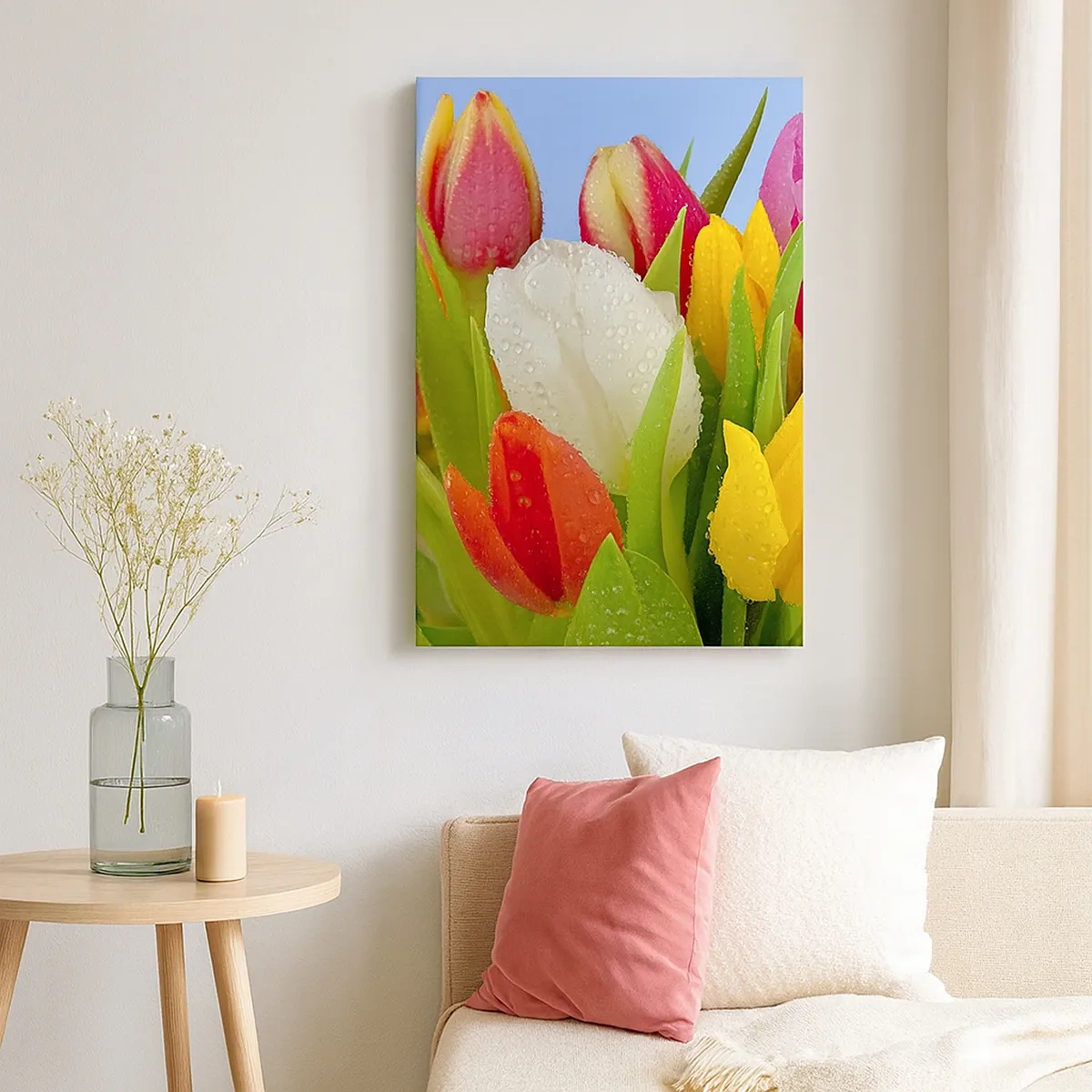 Schilderen op canvas - Een bloemenregenboog in dauwdruppels - 50x70 cm