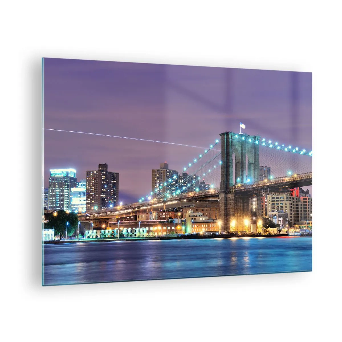 Schilderen op glas - Brooklyn Bridge 's nachts met de torens en de verlichte stad - 70x50cm - Al vele jaren de Brooklyn Bridge - Moderne wanddecoratie voor woonkamer en slaapkamer ARTTOR