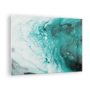 Schilderen op glas - Een abstract schilderij in tinten wit en turquoise - 70x50cm - Versmelten in wit en turkoois - Moderne wanddecoratie voor woonkamer en slaapkamer ARTTOR
