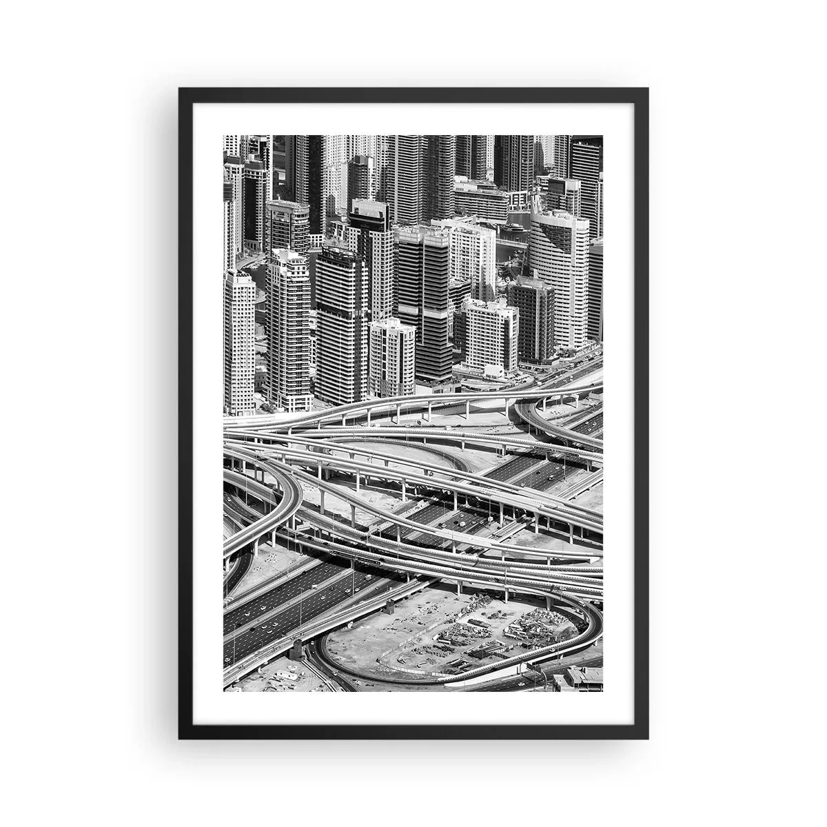 Poster in een zwarte lijst - Stadspanorama met wegennet in zwart-witstijl - 50x70cm - Dubai - de onmogelijke stad - Moderne wanddecoratie voor woonkamer en slaapkamer ARTTOR