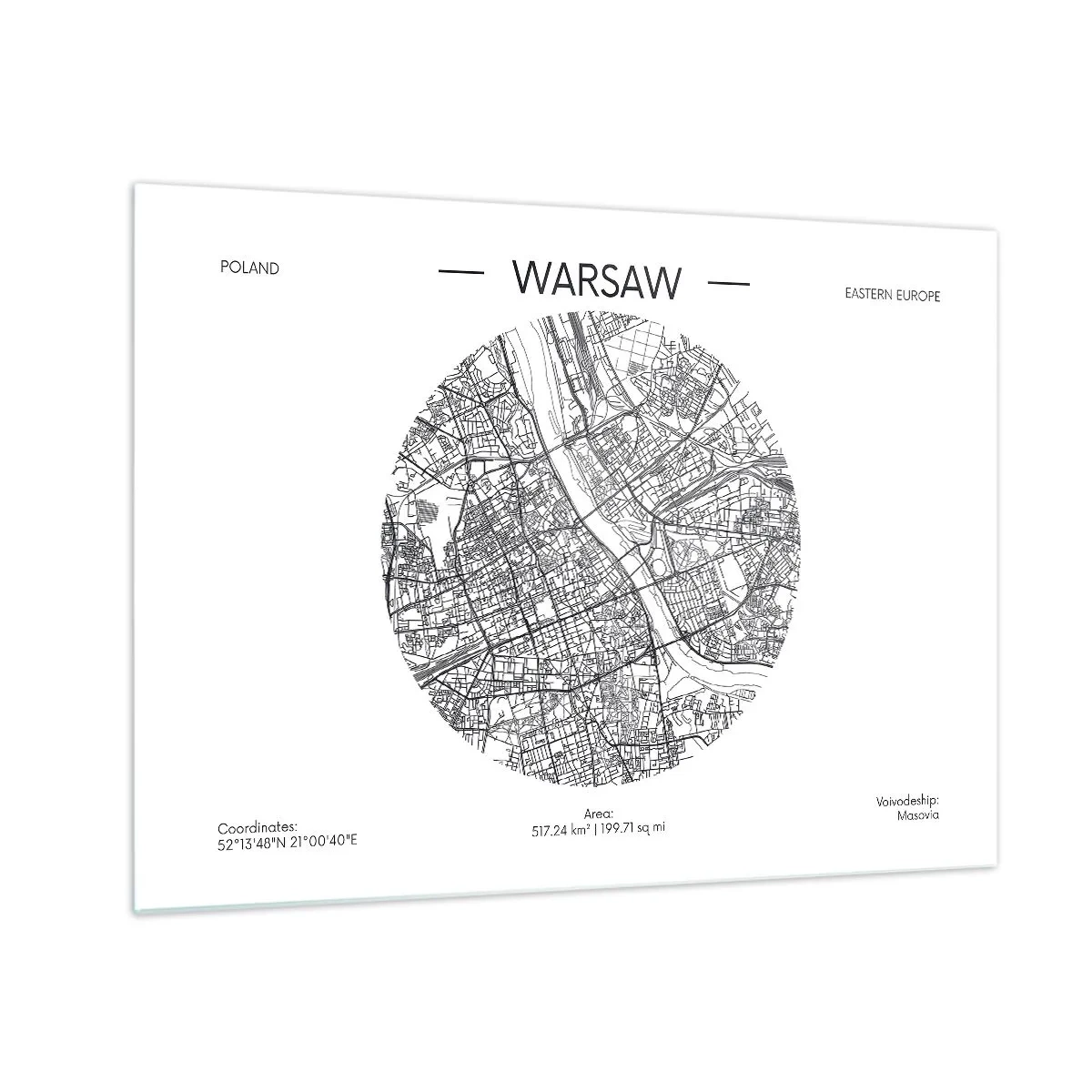 Schilderen op glas - Kaart van Warschau in de vorm van een grafische illustratie - 70x50cm - Anatomie van Warschau - Moderne wanddecoratie voor woonkamer en slaapkamer ARTTOR