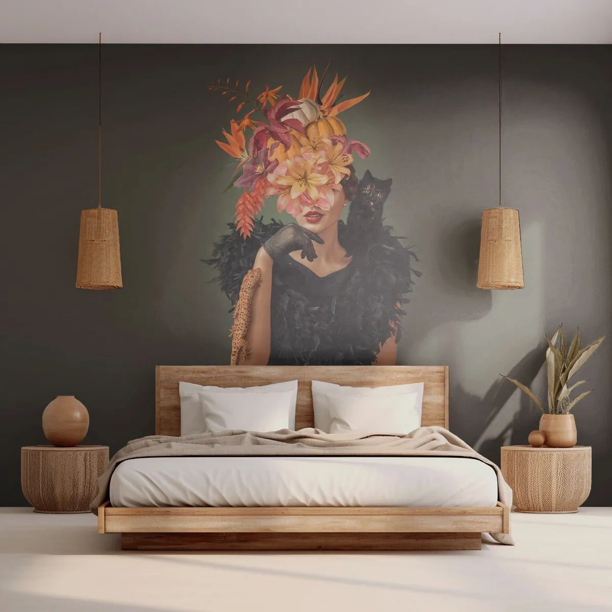 Fotobehang Standard Eco - De spreuk van een heks - Abstractie, Vrouw, Bloemen - 450x315 cm