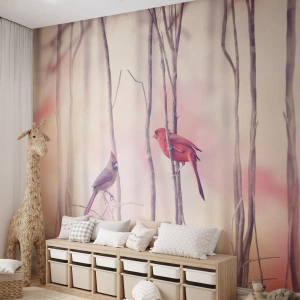 Fotobehang Standard Eco - Verhaal van het roze woud - Vogel, Natuur, Woud - 400x280 cm