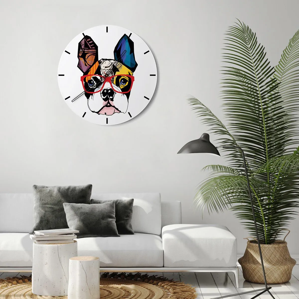 Wandklok - Klok - Kleurrijke tekening van een hond met een bril op een witte achtergrond - 30x30cm - intellectueel - Moderne wanddecoratie voor woonkamer, keuken en slaapkamer ARTTOR