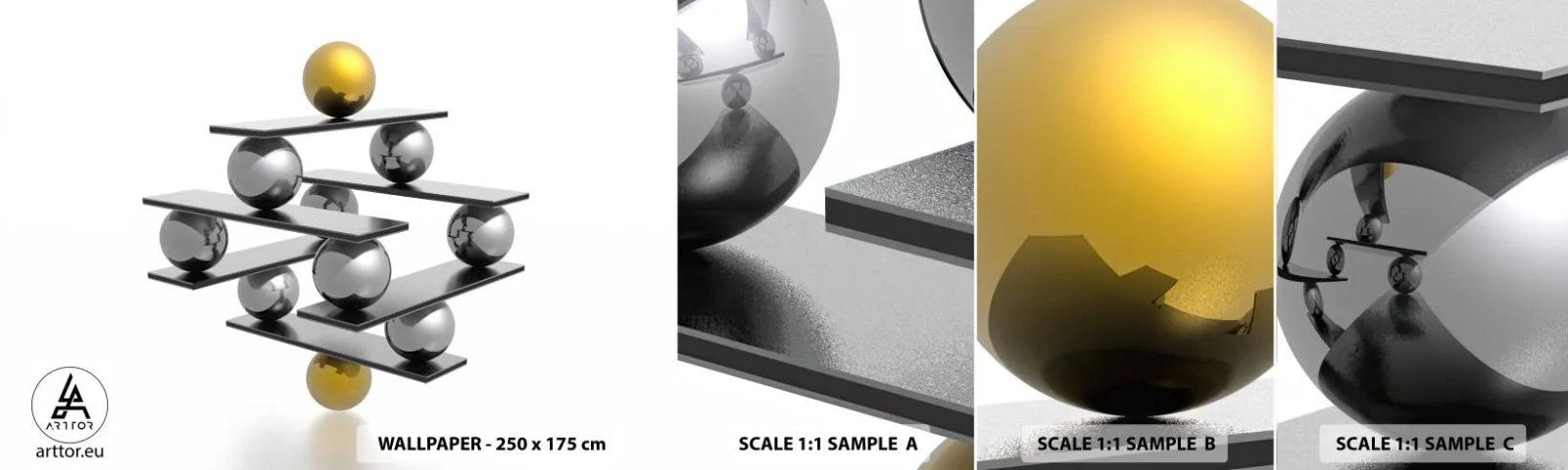 Fotobehang Staaltje Standard Eco - Goud-zilver balans - Abstractie, Metalen ballen, 3D - 100x30 cm