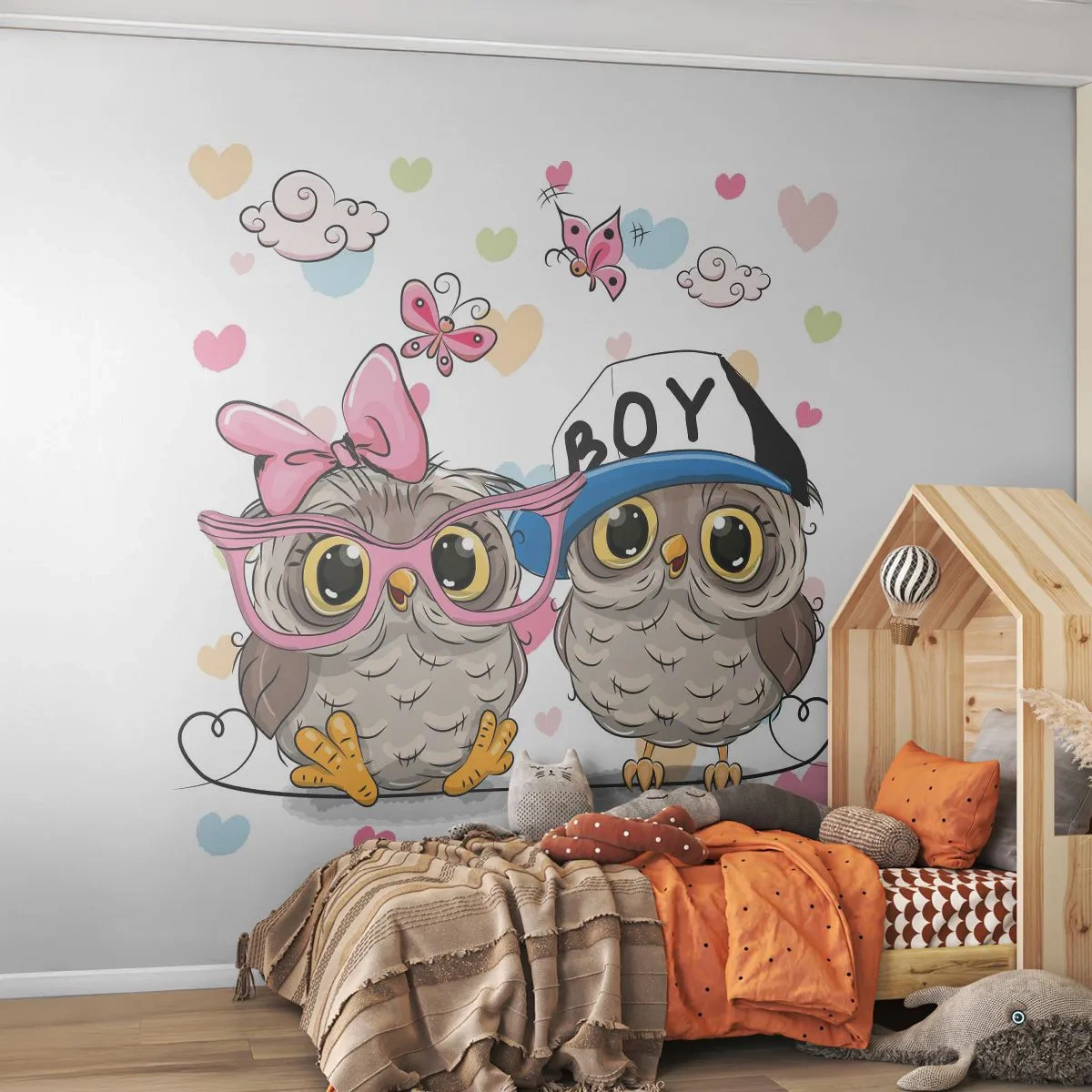 Fotobehang Premium Canvas - Laten we liefde maken! - Voor kinderen, Uil, Vlinder - 250x175 cm