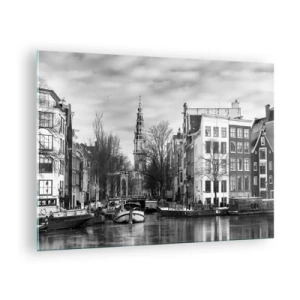 Schilderen op glas - Zwart-witbeeld van een gracht in Amsterdam - 70x50cm - Amsterdamse sferen - Moderne wanddecoratie voor woonkamer en slaapkamer ARTTOR