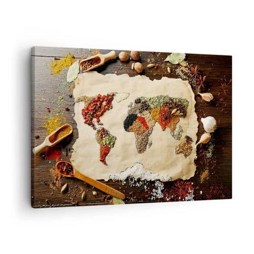 Schilderen op canvas - Een wereldkaart van specerijen op een houten achtergrond. - 70x50cm - Alle smaken van de wereld - Moderne wanddecoratie voor woonkamer en slaapkamer ARTTOR