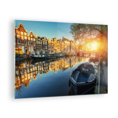 Schilderen op glas - Amsterdamse gracht bij zonsondergang - 70x50cm - Ochtend in Amsterdam - Moderne wanddecoratie voor woonkamer en slaapkamer ARTTOR